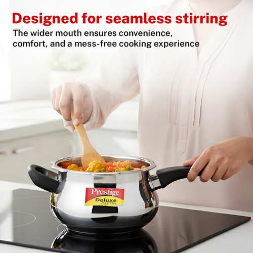  Prestige 3 Litre Stainless Steel Deluxe Alpha Svachh Outer Lid Pressure Cooker | Mini Handi | 10Y Warranty | Deep Lid for Spillage Control | TRIPLY Base | GRS | Gas & Induction Compatible | ISI - Detail View
